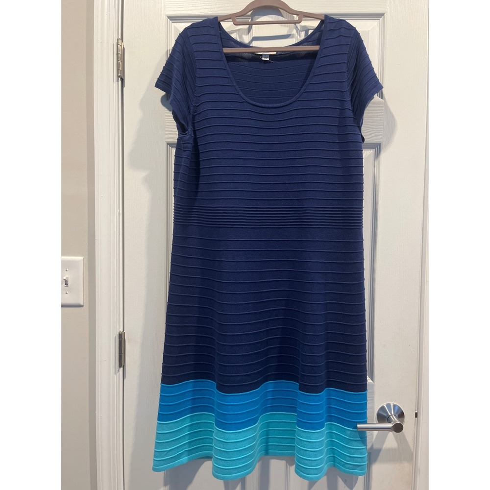 Isaac Mizrahi Live Blue Ombre Colorblock Ottoman Rib Knit Dress XL Short Sleeve